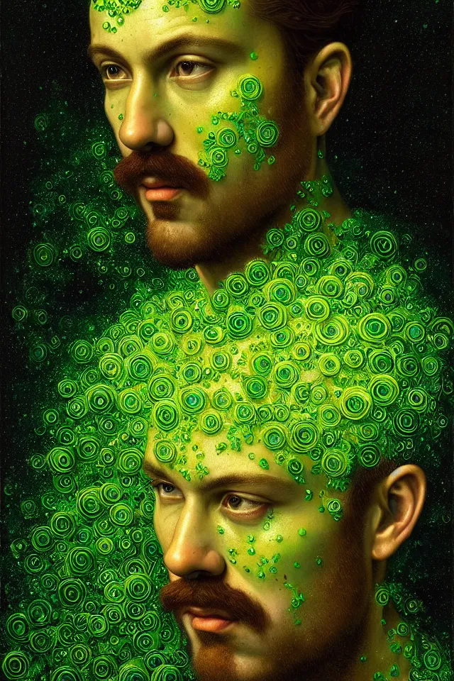 Image similar to bizarre green detailed renaissance portrait of mario as a highly detailed realistic real life person, dramatic cinematic lighting, 8 k, beautiful intricate painting by james r eads and tomasz alen kopera