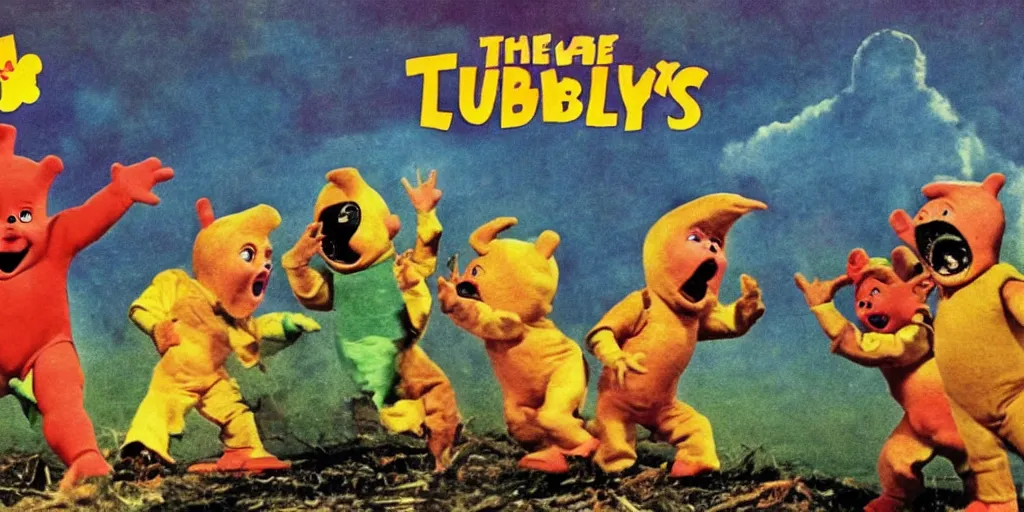 Image similar to the nuclear apocalypse as portrayed by tellytubbies