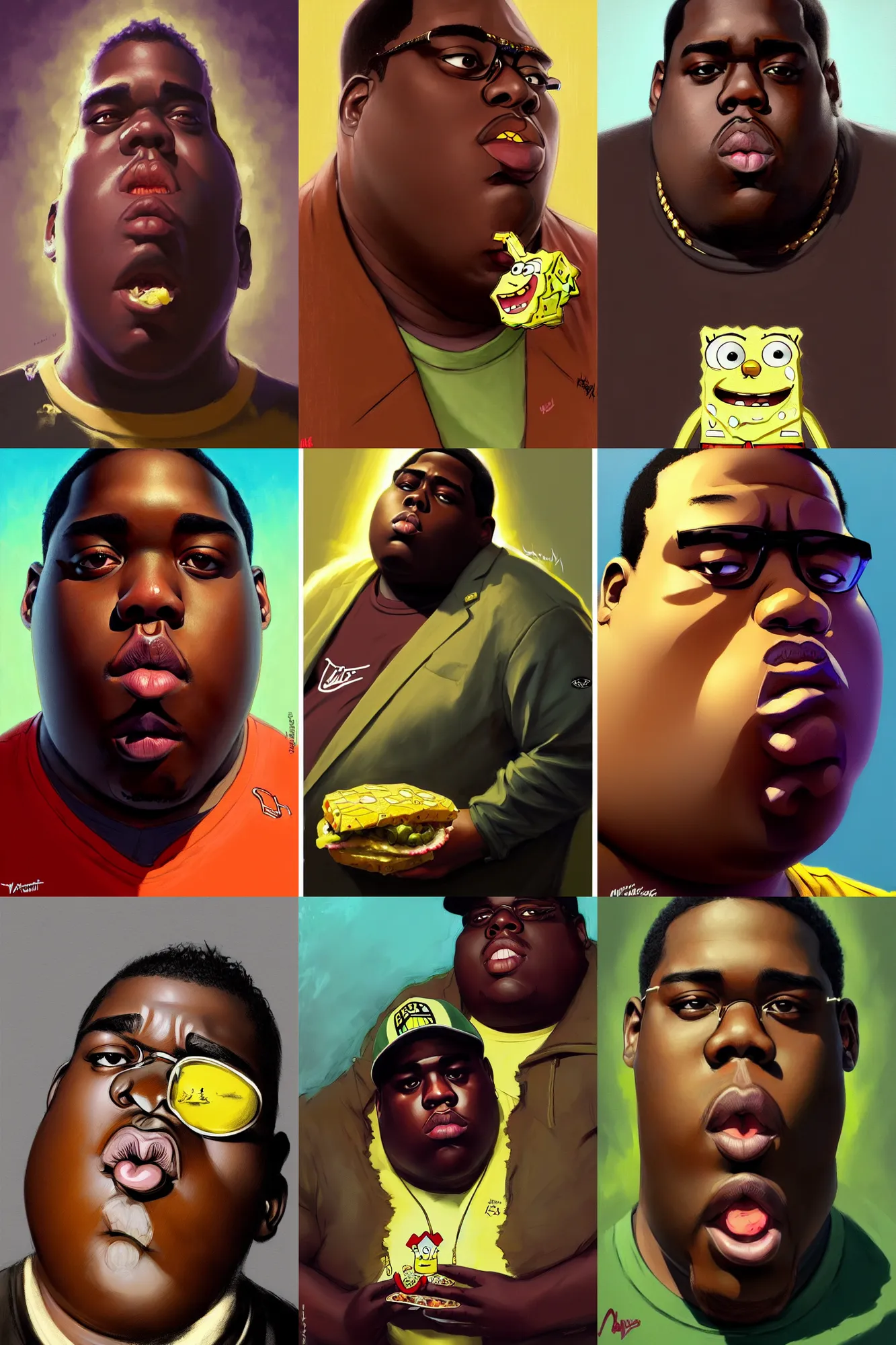 Prompt: the notorious b. i. g. as spongebob devouring food through his pores, anime, shaded lighting poster by magali villeneuve, artgerm, jeremy lipkin and michael garmash, rob rey and kentaro miura style, trending on art station