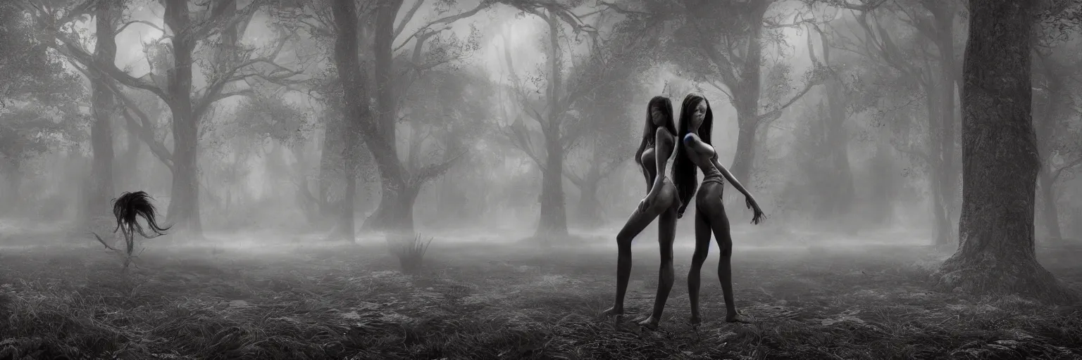 Prompt: epic fantasy render of a two beautiful skinny women body, long dark hairs, detailed anatomy, woods, black fog, black and white, highly detailed, cinematic, hyperrealism, dynamic lighting, octane render