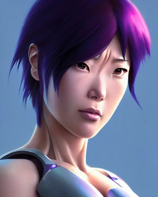 Image similar to weta disney pixar movie still portrait photo of motoko kusanagi the major ghost in the shell : : as cyborg woman by pixar : : by weta, wlop, ilya kuvshinov, rossdraws, artgerm, marvel, maxim cover, latex, octane render, sweaty, iridescent, bright morning, anime, liosh, mucha : :