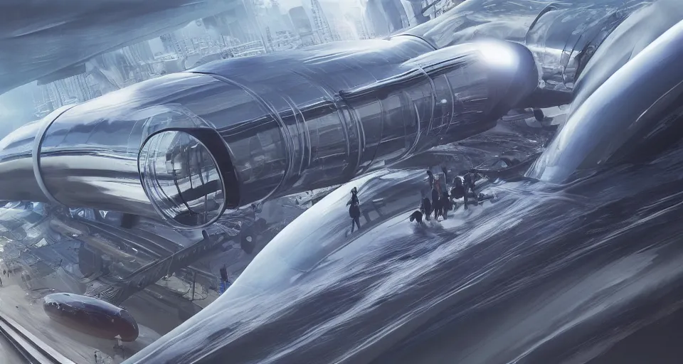 Image similar to A highly detailed matte oil painting of a gigantic transparent hyperloop tube with capsules moving at supersonic speed by Grant Yun, hyperrealistic, cinematic angle, breathtaking, beautiful composition, by Artgerm, volumetric lighting, intricate insanely detailed octane render, 8K resolution, high contrast, trending on artstation, future art