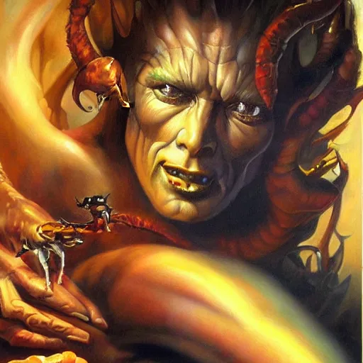 Prompt: detailed portrait of satan if he never fell from heaven lived intricate, hyper detailed, realistic, oil painting, by julie bell, frank frazetta, cinematic lighting