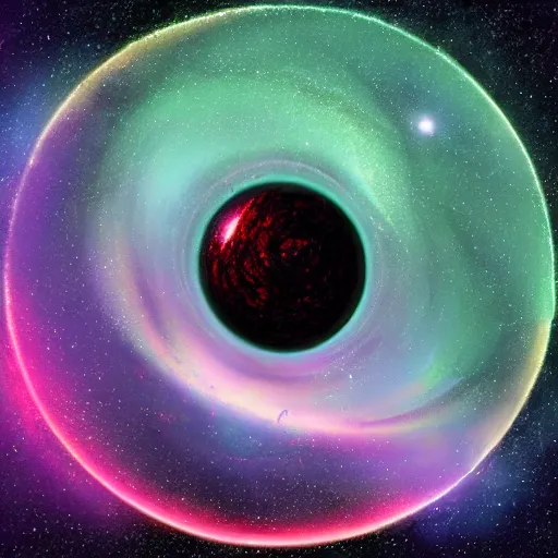 Prompt: A super massive blackhole at the middle of the milky way, Trending on artstation, Rainbow color scheme ::