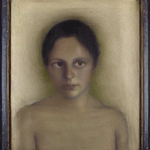 Image similar to violet, family guy by albert pinkham ryder. a beautiful land art. she looks up at me, up & down. she has short - cropped hair, & a scar on her left cheekbone : just a line of black against her deep tan, precise & geometrical. her eyes are pale green.