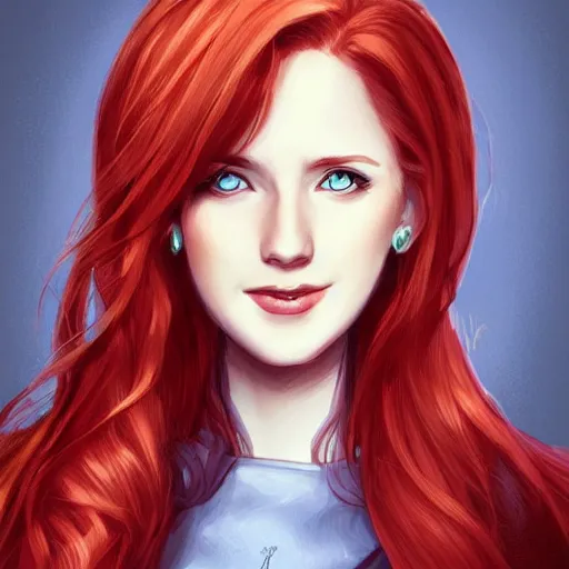 Image similar to a portrait of a young woman with red hair, smart, rich, shallan davar, blue eyes, beautiful, smiling, thick hair, rpg, dnd, artgerm style