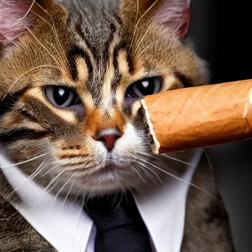 Image similar to a high detail closeup shot of a cat wearing a suit and smoking a cigar