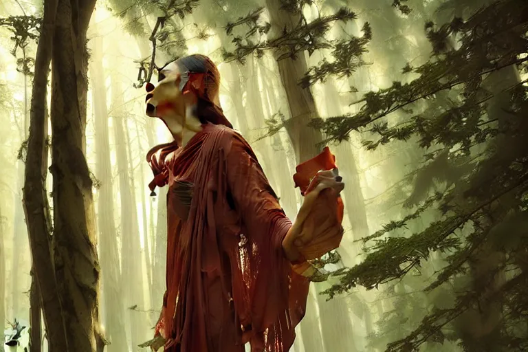 Prompt: forest, temple, taoism, painting by greg rutkowski, j. c. leyendecker, artgerm