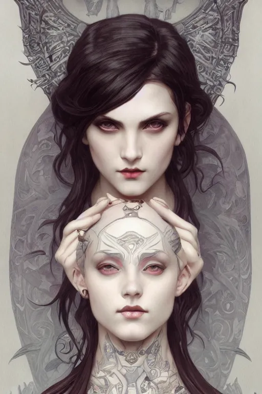 Image similar to goth girl with tattoos, symmetric, elegant, highly detailed, digital painting, artstation, concept art, smooth, sharp focus, illustration, art by artgerm and greg rutkowski and alphonse mucha and william-adolphe bouguereau