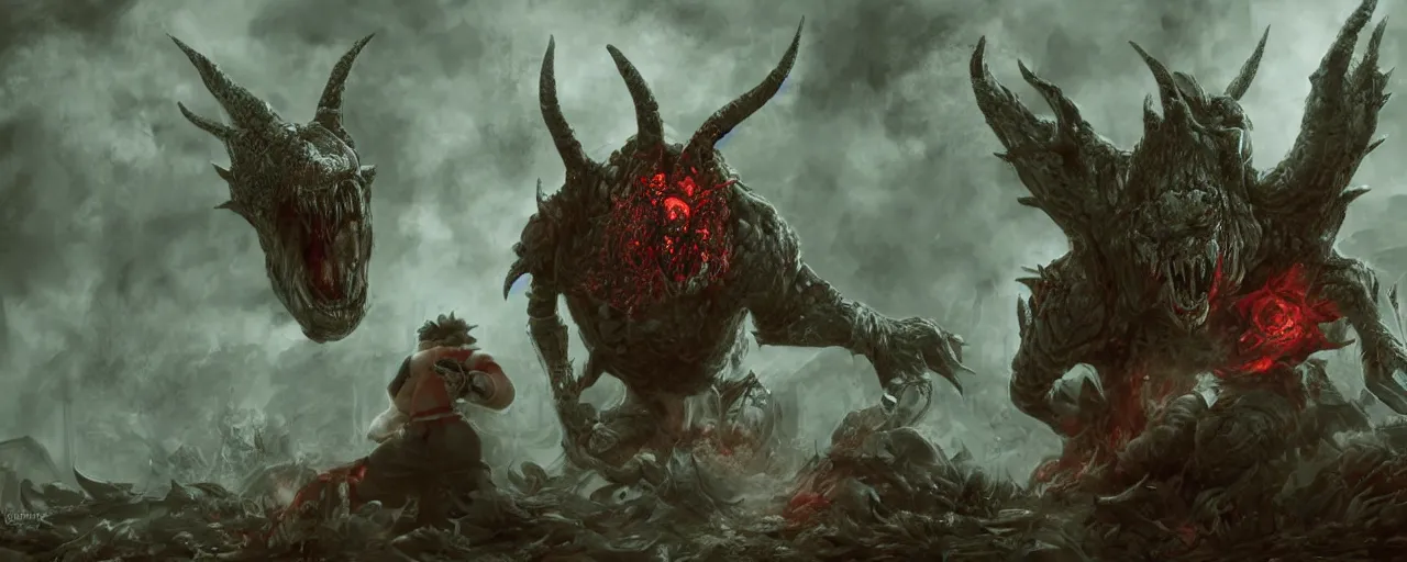 Image similar to concept art of mario hiding from bowser with huge horns and scales and talons, resident evil, horror, occult, terror, mist, volumetric render, digital painting, detailed painting