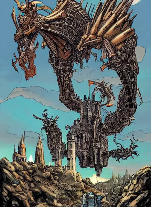 Image similar to intricate fantasy comic book drawing of a ( giant mechanical dragon ) over a ( stronghold castle ) by dariusz zawadski and simon stalenhag, simon bisley!, jack kirby!!! and gris grimly, cinematic, epic, awesome color palette, hard contrast, ink outlines