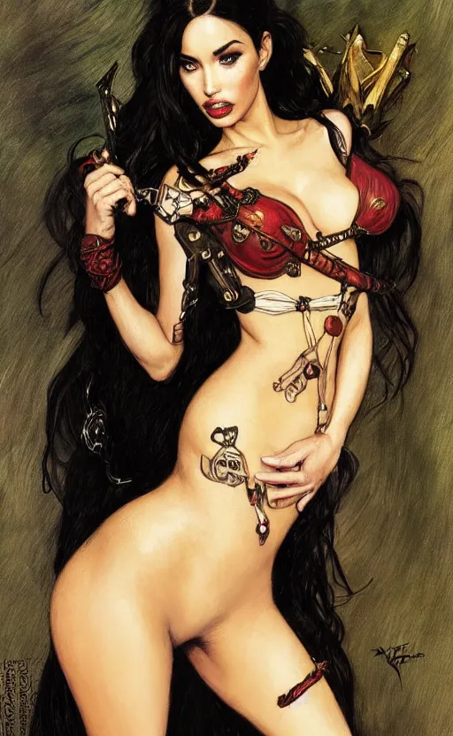 Image similar to full length portrait of a woman who is a mix of ana de armas and megan fox and kim kardashian, sorcereress using dark seduction magic, d & d, medieval, fantasy, royo, klimt, miro, vallejo, frazetta, alphonse mucha, greg rutkowski, whealan