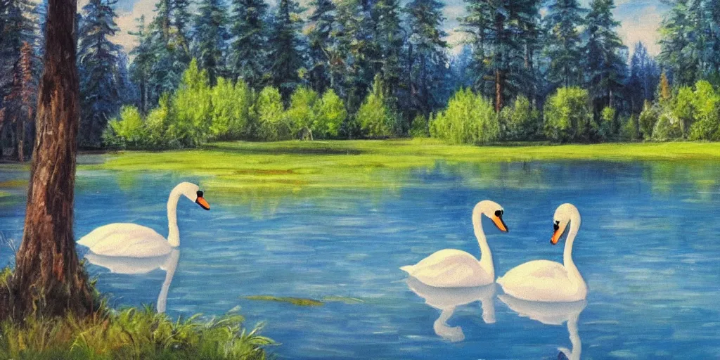 Image similar to painting of a small lake with two swans in it, in a forest, blue water, stunning colors, fairytale