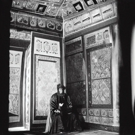 Image similar to ivan the terrible in his chamber in moscow kills the time, kodak, old photo, black and white, film, wide lens, 1 6 mm,