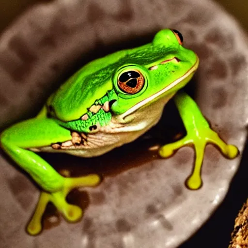 Prompt: a frog photographed from top down in a dessert sitting at an oasis