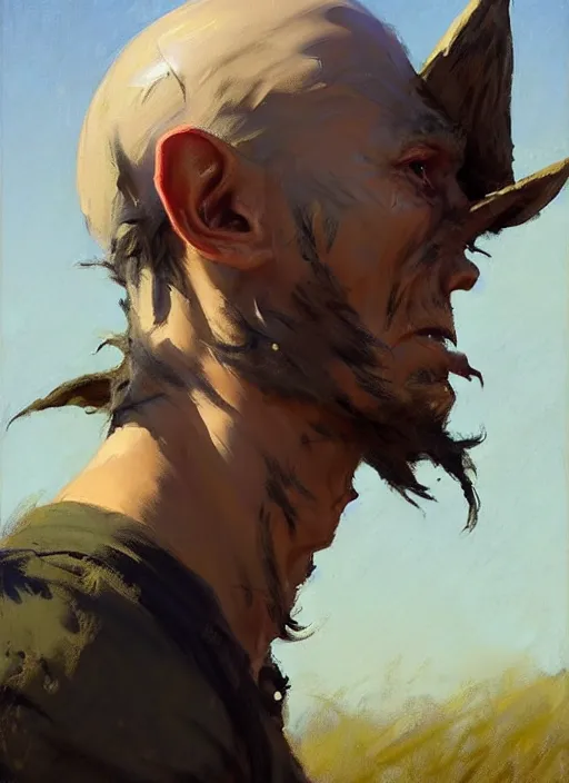 Image similar to portrait of a goblin pirate, countryside, calm, fantasy character portrait, dynamic pose, above view, sunny day, ocean background, artwork by Jeremy Lipkin and Giuseppe Dangelico Pino and Michael Garmash and Rob Rey, very coherent asymmetrical artwork, sharp edges, perfect face, simple form, 100mm