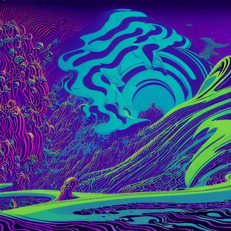 Prompt: mysterious edge of interstellar space, psychedelic waves, synthwave, bright neon colors, highly detailed, cinematic, eyvind earle, tim white, philippe druillet, roger dean, ernst haeckel, lisa frank, aubrey beardsley