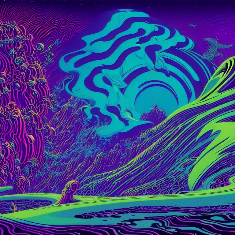 Image similar to mysterious edge of interstellar space, psychedelic waves, synthwave, bright neon colors, highly detailed, cinematic, eyvind earle, tim white, philippe druillet, roger dean, ernst haeckel, lisa frank, aubrey beardsley