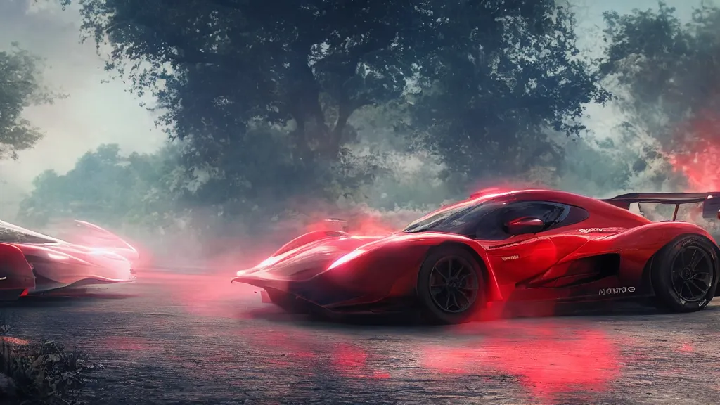 Image similar to Racing car red trail behind it, cinematic shot, epic, volumetric lighting, made by Stanley Artgerm Lau, WLOP, Rossdraws, ArtStation, CGSociety, concept art, cgsociety, octane render, trending on artstation, artstationHD, artstationHQ, unreal engine, 4k, 8k,