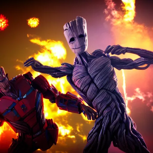 Image similar to groot and optimus prime dancing at techno party among people, wide shoot, octane render, ultra realistic