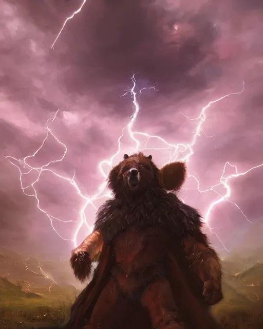 Image similar to oil painting of Anthropomorphized Bear Sorcerer casting spell, magical runes flying, wearing fur cloak, sharp focus, lightning storm background, magical aura, evil, heroic pose, fantasy style, octane render, volumetric lighting, 8k high definition, by greg rutkowski, highly detailed, trending on art Station, magic the gathering artwork, Thunderstorm background, centered, dramatic artwork