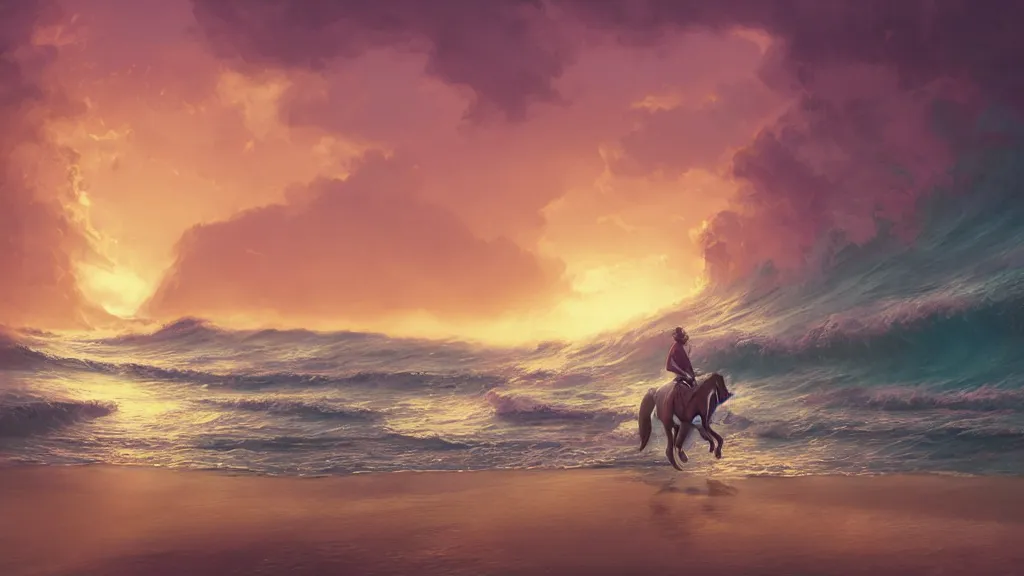 Image similar to a horse riding along a pink beach with impossibly large waves crashing against the shoreline, beautiful twilight sunset background, by sylvain sarrailh, rossdraws, ambient light, ultra detailed, fantasy artwork, 8 k, volumetric lighting, trending on artstation, award winning, very beautiful.