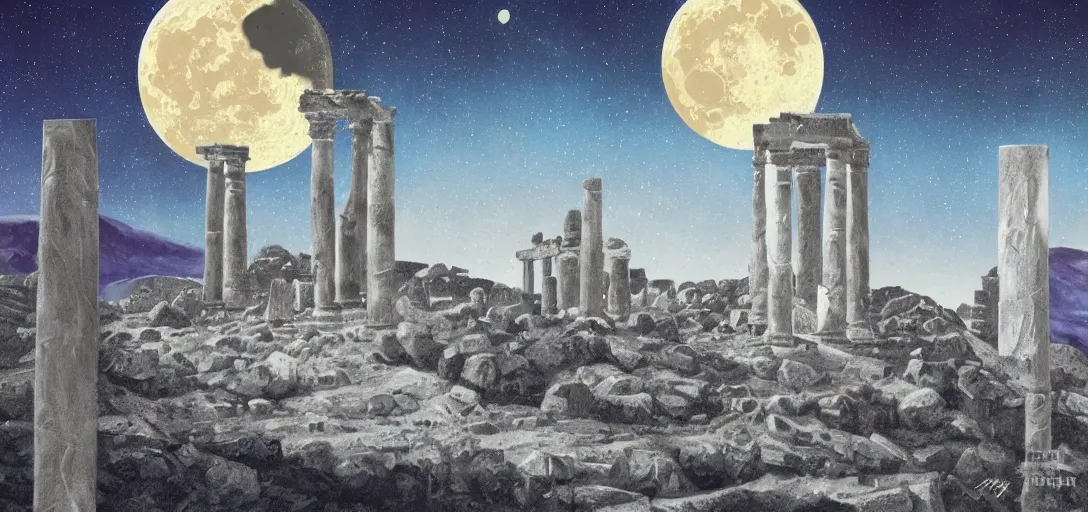 Prompt: The ruins of the Silver Millennium on the moon from Sailor Moon, digital painting, Earth in the distance, Greek-esque columns and ruins, grey sand