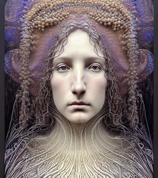 Prompt: detailed realistic beautiful angel goddess face portrait by jean delville, gustave dore, iris van herpen and marco mazzoni, art forms of nature by ernst haeckel, art nouveau, symbolist, visionary, gothic, neo - gothic, pre - raphaelite, fractal lace, intricate alien botanicals, ai biodiversity, surreality, hyperdetailed ultrasharp octane render