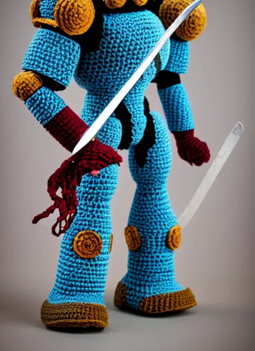 Prompt: a crochet mecha, holding a sword, realistic, no cropping, full body, Sigma 50 mm f/1.4