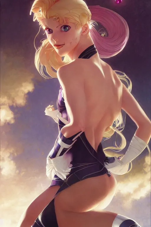 Prompt: blonde sailor moon as aeon flux, by Stanley Artgerm Lau, greg rutkowski, Craig mullins, Peter chung, thomas kindkade, alphonse mucha, loish,