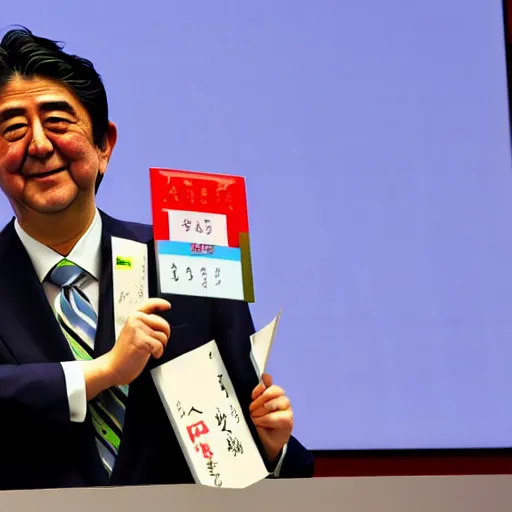 Prompt: shinzo abe holding a statistical graph of the japanese birth rate climbing up