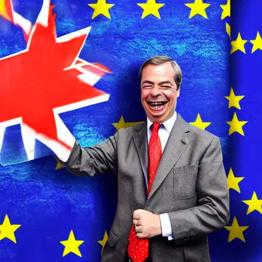 Image similar to nigel farage laughing holding burning eu flag, studio photograph, hd, studio