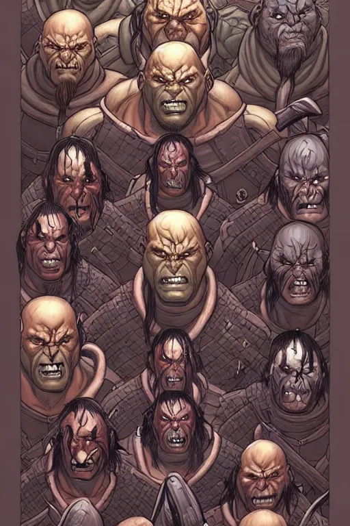 Prompt: comic cover art of an army of orcs, facing the viewer, high fantasy digital illustration, by jenny frison and sana takeda, intricate details, stunning inking lines, flat colors, 4 k, hd, artstation