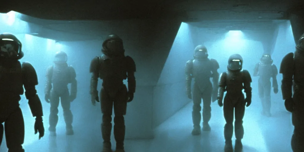 Prompt: color film still, space marines in the dark hallway, space ship ; misty, ; alien 2 ( 1 9 8 6 )