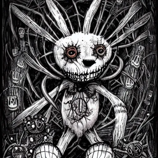 Image similar to dark art cartoon grunge drawing of a teddy bear made of spiders playing with toys with bloody eyes by tim burton - loony toons style, horror theme, detailed, elegant, intricate, trending on art station