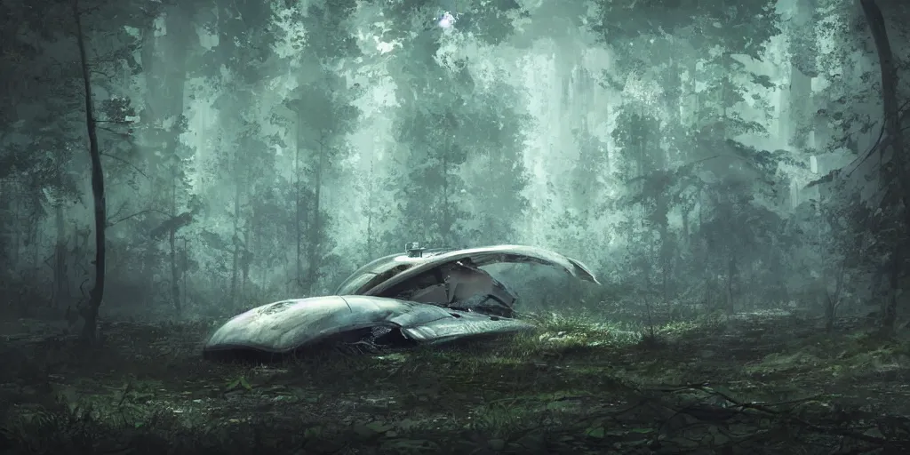 Image similar to abandoned crashed ufo in the forest, night, concept art, art station landscape, cinematic lighting hyper realistic painting, dark atmosphere