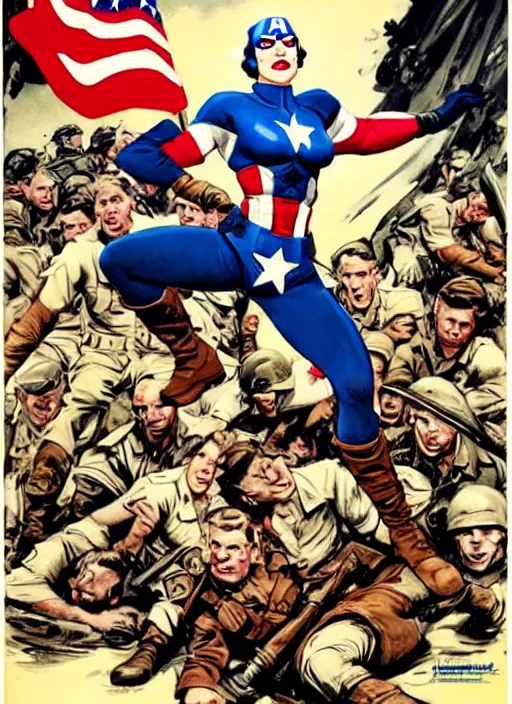 Image similar to beautiful female captain america standing on a pile of defeated, beaten and broken german soldiers. feminist captain america wins wwii. american wwii propaganda poster by james gurney. gorgeous face. overwatch