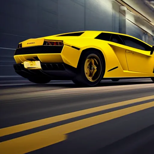 Prompt: Photograph of a yellow Lamborghini going fast on a highway, at night, 8k, focused, ultra-realistic, high detailed
