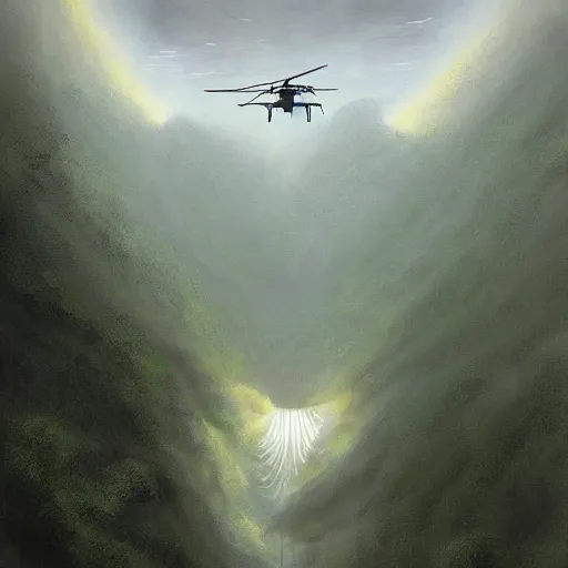 Image similar to a beautiful painting about a futuristic military helicopter landing in a misty rainforest, surrounded by mountains and snow. Featured on Artstation. angelic fluffy alien rivulet cylinder civet photon melon curd, by Evard