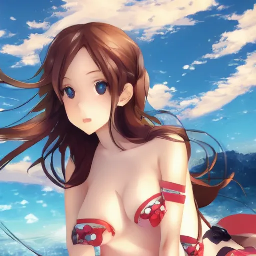 Prompt: seen from above : a giant macro very beautiful young yuuki asuna, full body, long wavy hair, sky blue eyes, full round face, bikini, miniskirt, laying on a miniature crowd, cinematic wallpaper by stanley artgerm lau