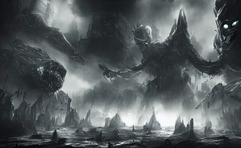 Image similar to an epic extraterrestrial battle in new york city, in the style of the abyss, epic scene, extremely detailed masterpiece, extremely moody lighting, glowing light and shadow, atmospheric, shadowy, cinematic, god lighting