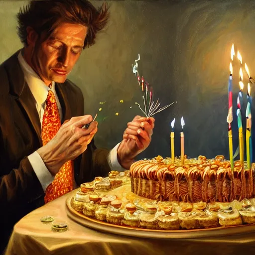 Prompt: intricate five star portrait of fish man blowing the candle at his birthday, oil on canvas, hdr, high detail, photo realistic, hyperrealism, matte finish, high contrast, 3 d depth, centered, masterpiece, grainy, muted colors, enhanced light effect, enhanced eye detail, artstationhd