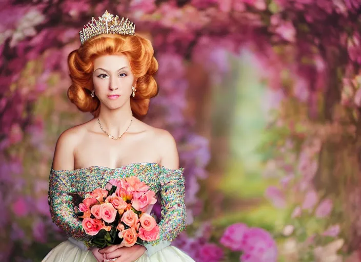 Image similar to portrait of real life princess peach, very large bosum, mystical castle with flowers, by charlotte grimm, studio light, detailed face, canon eos c 3 0 0, ƒ 1. 8, 3 5 mm, 8 k, medium - format print, half body shot
