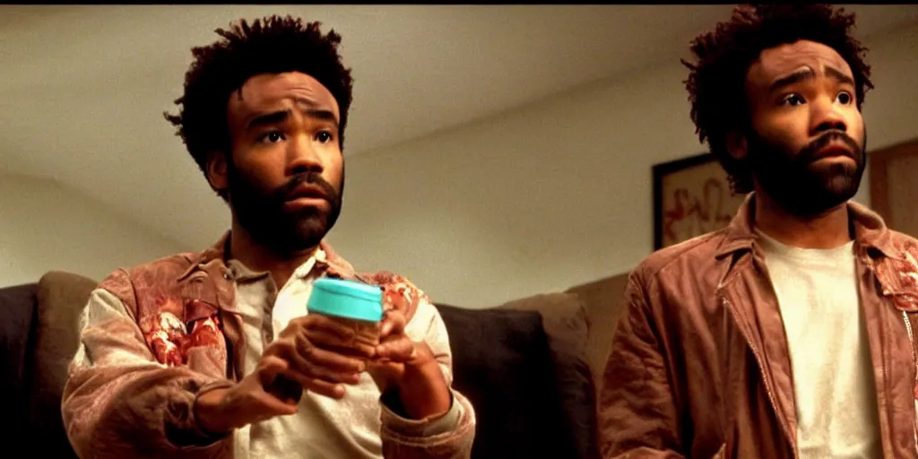 Prompt: Donald Glover, holding a soda in his hands, as Jules Winnfield in 'Pulp Fiction 2: The Enemy Within' (2004), movie still frame