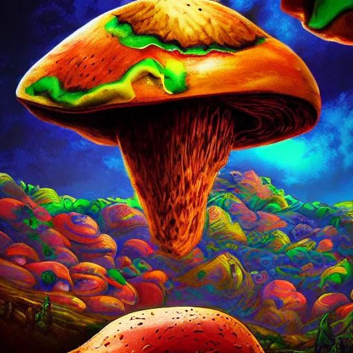 Prompt: trippy angry mushroom eat a meat, acrilic paint, digital, artstation, detailed intricate ink illustration, heavenly atmosphere, digital art, overdetailed art, concept art, complementing colors, trending on artstation, cgstudio, the most beautiful image ever created, dramatic, subtle, details, award winning artwork, beautiful scenery