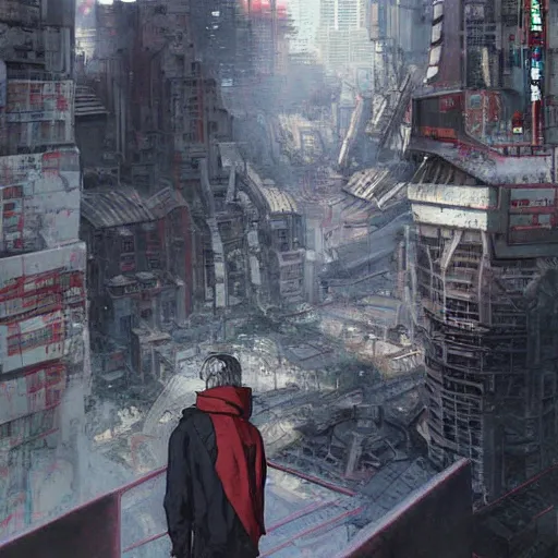 Image similar to tetsuo observing the ruins of neo - tokyo, red cape, akira | anime, matte painting, dystopian megacity neo - tokyo akira, shaded perfect, fine details. realistic shaded lighting anime manga artwork by katsuhiro otomo, akira, artgerm, jeremy lipkin and michael garmash and rob rey