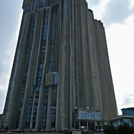 Prompt: the largest building on earth, this kilometer tall brutalist megaconstruction has its own climate and biome. there is a thunderstorm inside the building