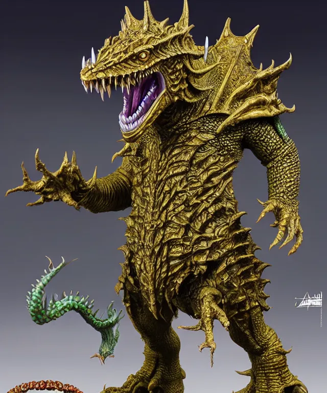 Prompt: hyperrealistic rendering, epic boss fight, ornate king emporer jewel crown war armor battle, kaiju beast god, by art of skinner and richard corben, product photography, collectible action figure, sofubi