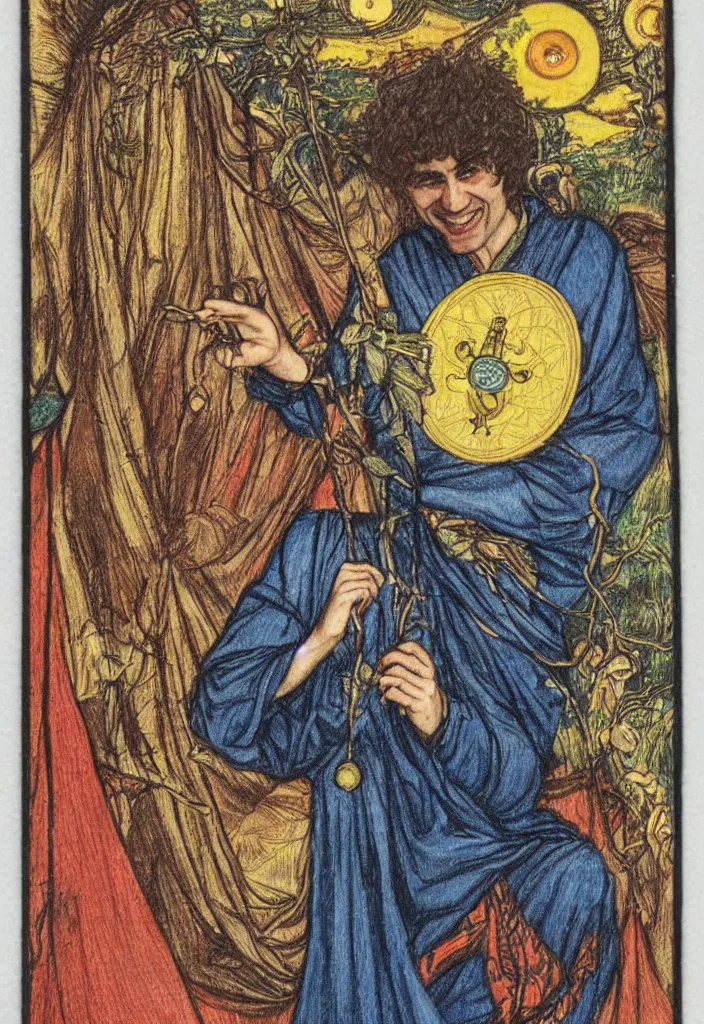 Image similar to Yoshua Bengio smiling drawn on the Tarot card. Illustration by preraphaelists.