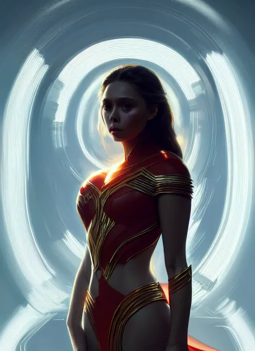 Image similar to portrait of modern darna, elizabeth olsen, intricate, elegant, glowing lights, highly detailed, digital painting, artstation, glamor pose, concept art, smooth, sharp focus, illustration, art by wlop, mars ravelo and greg rutkowski